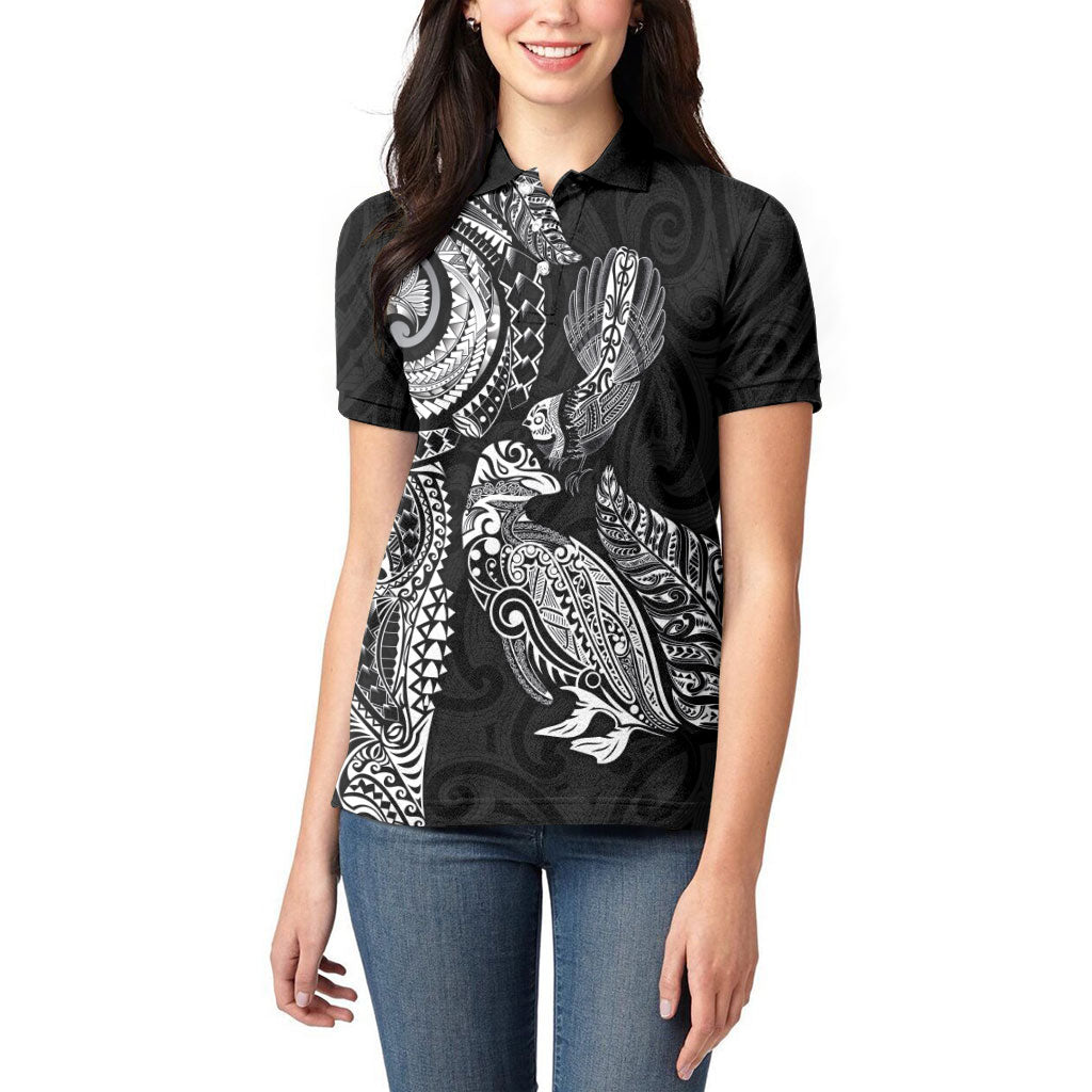 Aotearoa Moko Tribal Tattoo Women Polo Shirt New Zealand Maori Penguin and Fantail Black Color LT03 - Polynesian Pride