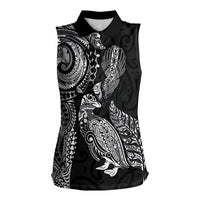Aotearoa Moko Tribal Tattoo Women Sleeveless Polo Shirt New Zealand Maori Penguin and Fantail Black Color LT03 Female Black - Polynesian Pride
