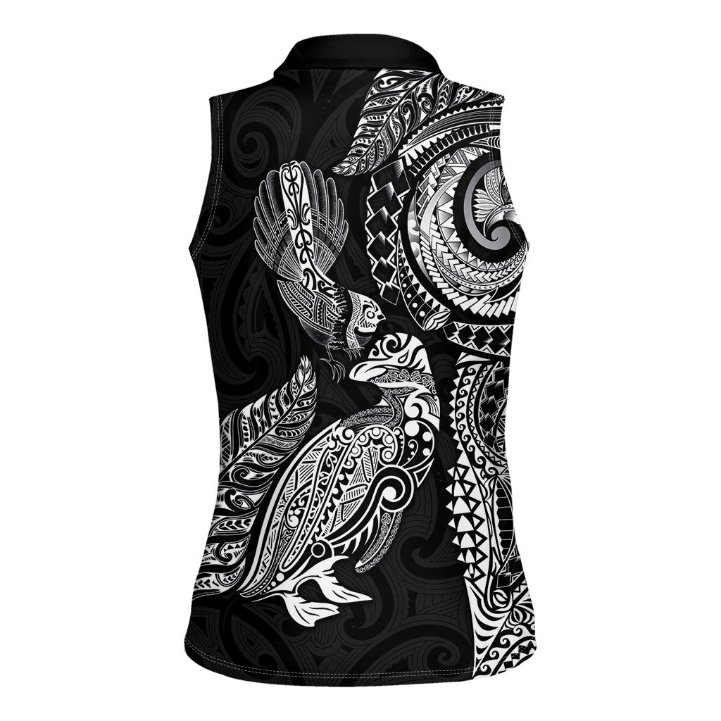 Aotearoa Moko Tribal Tattoo Women Sleeveless Polo Shirt New Zealand Maori Penguin and Fantail Black Color LT03 - Polynesian Pride