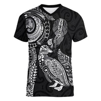 Aotearoa Moko Tribal Tattoo Women V-Neck T-Shirt New Zealand Maori Penguin and Fantail Black Color LT03 Female Black - Polynesian Pride