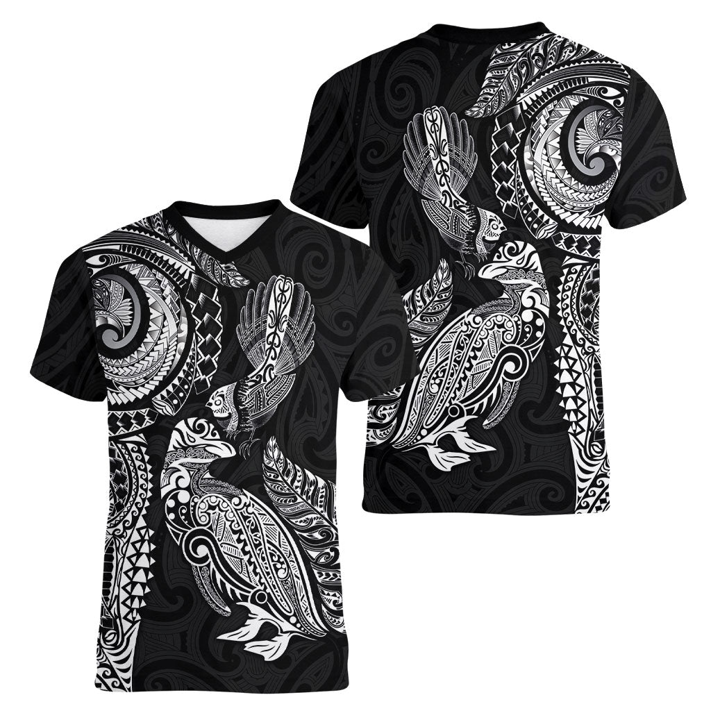 Aotearoa Moko Tribal Tattoo Women V-Neck T-Shirt New Zealand Maori Penguin and Fantail Black Color LT03 - Polynesian Pride