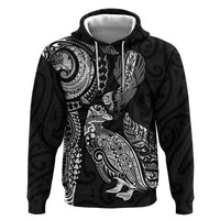 Aotearoa Moko Tribal Tattoo Zip Hoodie New Zealand Maori Penguin and Fantail Black Color