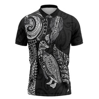 Aotearoa Moko Tribal Tattoo Zipper Polo Shirt New Zealand Maori Penguin and Fantail Black Color LT03 Black - Polynesian Pride