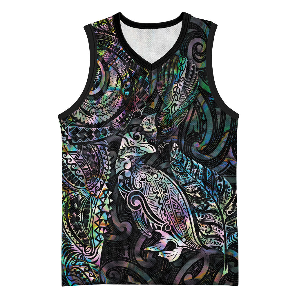 Aotearoa Moko Tribal Tattoo Basketball Jersey New Zealand Maori Penguin and Fantail Paua Shell Style LT03 Unisex Multicolor - Polynesian Pride