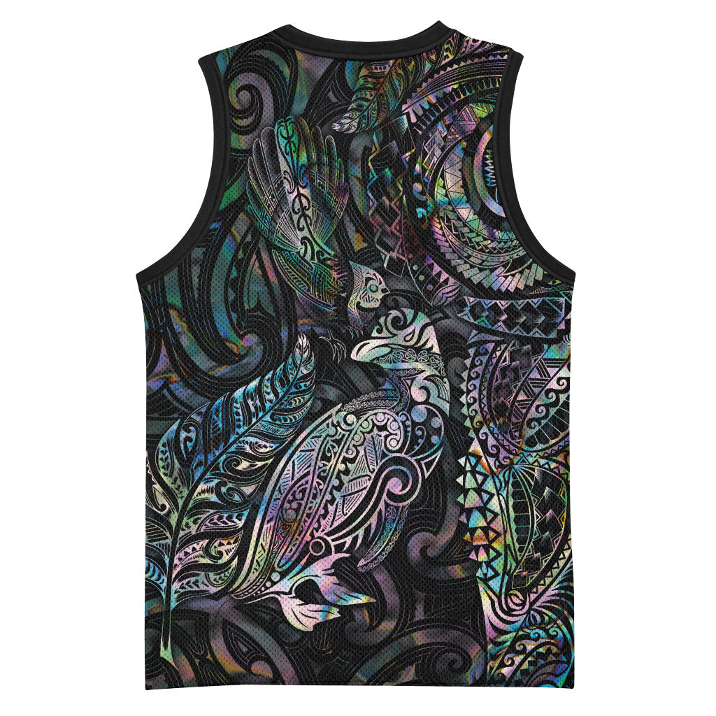 Aotearoa Moko Tribal Tattoo Basketball Jersey New Zealand Maori Penguin and Fantail Paua Shell Style LT03 - Polynesian Pride