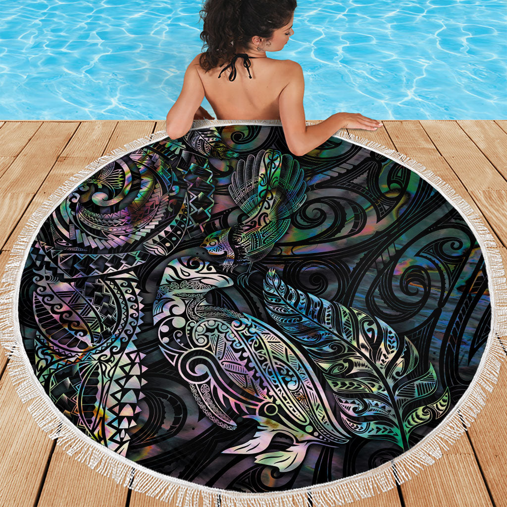 Aotearoa Moko Tribal Tattoo Beach Blanket New Zealand Maori Penguin and Fantail Paua Shell Style LT03 - Polynesian Pride
