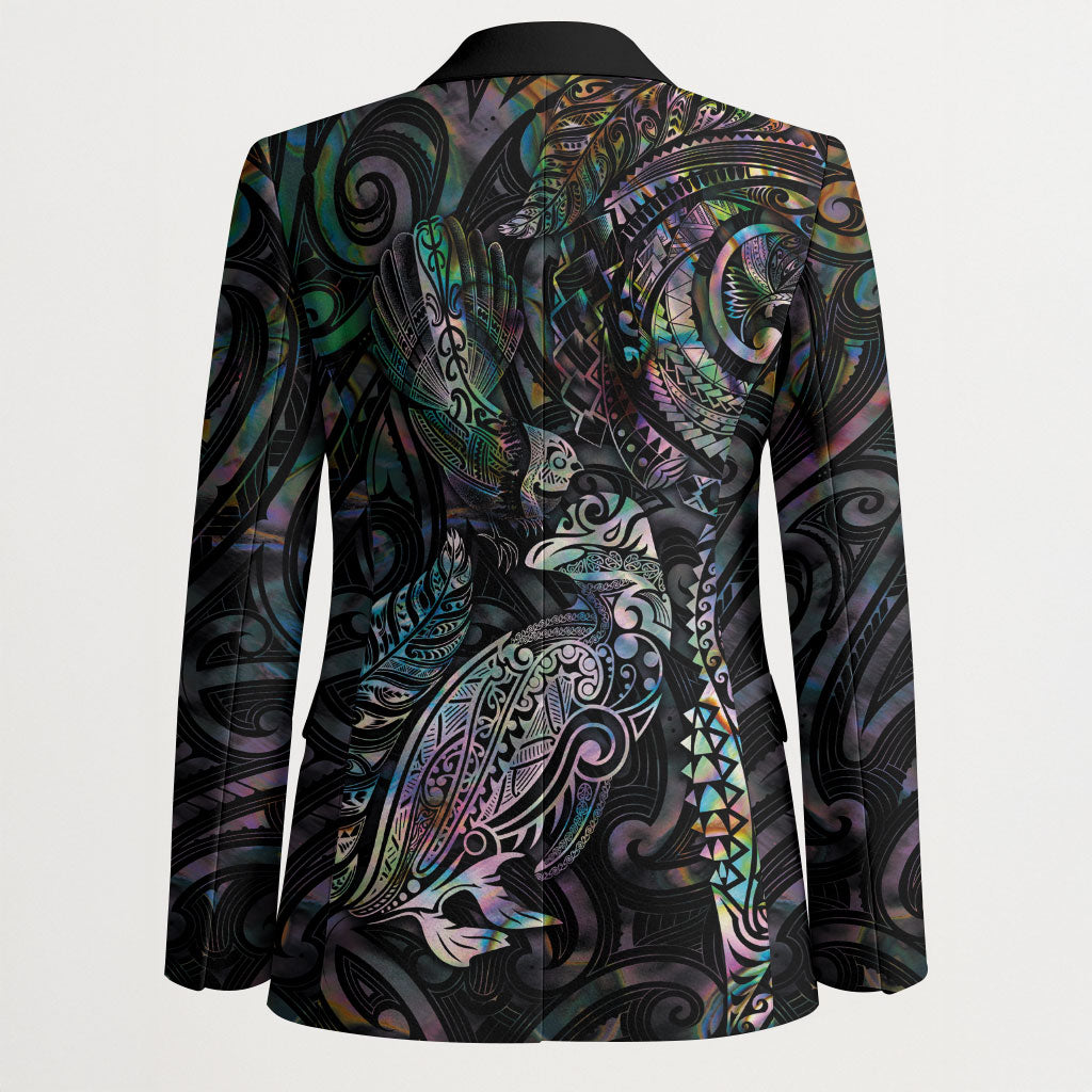Aotearoa Moko Tribal Tattoo Blazer New Zealand Maori Penguin and Fantail Paua Shell Style LT03 - Polynesian Pride