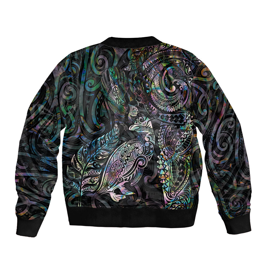 Aotearoa Moko Tribal Tattoo Bomber Jacket New Zealand Maori Penguin and Fantail Paua Shell Style