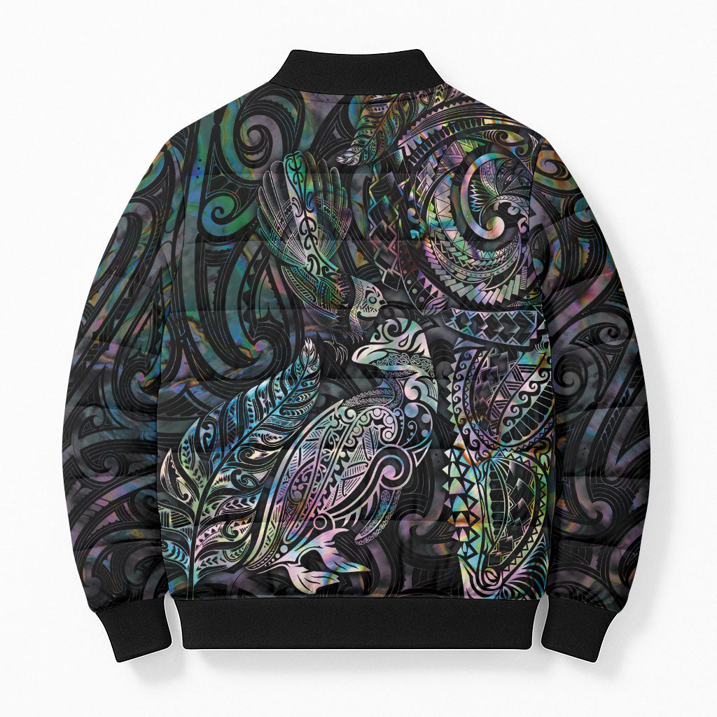 Aotearoa Moko Tribal Tattoo Bomber Puffer Jacket New Zealand Maori Penguin and Fantail Paua Shell Style LT03 - Polynesian Pride