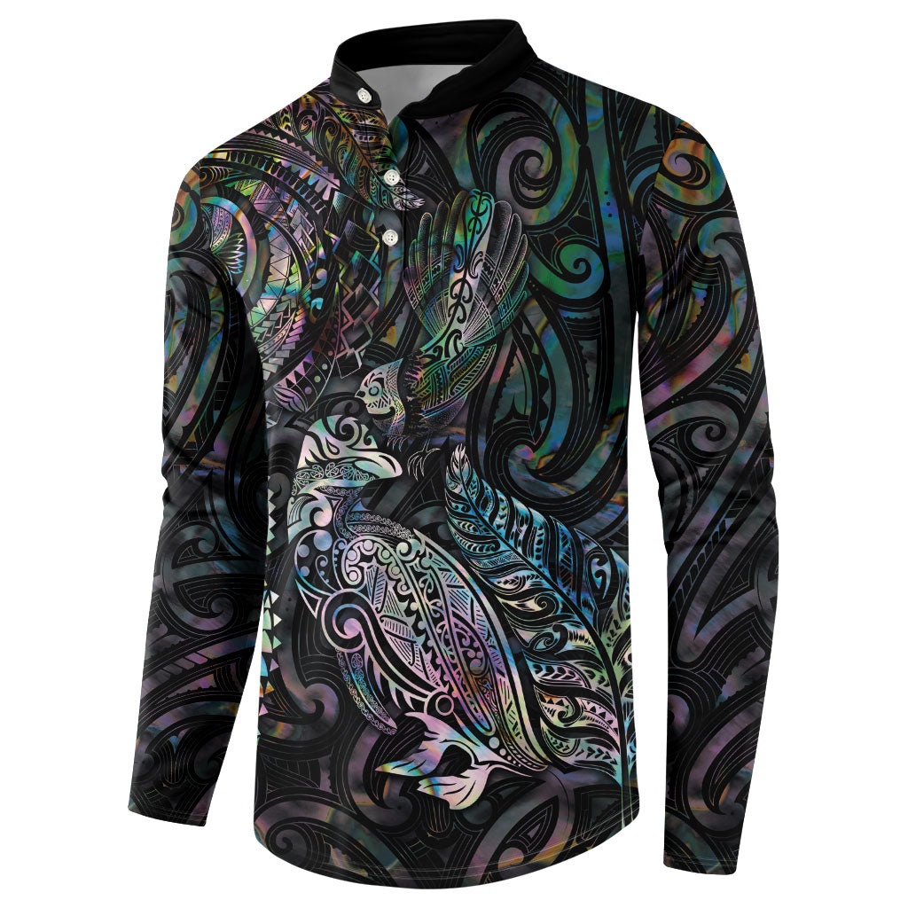 Aotearoa Moko Tribal Tattoo Button Sweatshirt New Zealand Maori Penguin and Fantail Paua Shell Style