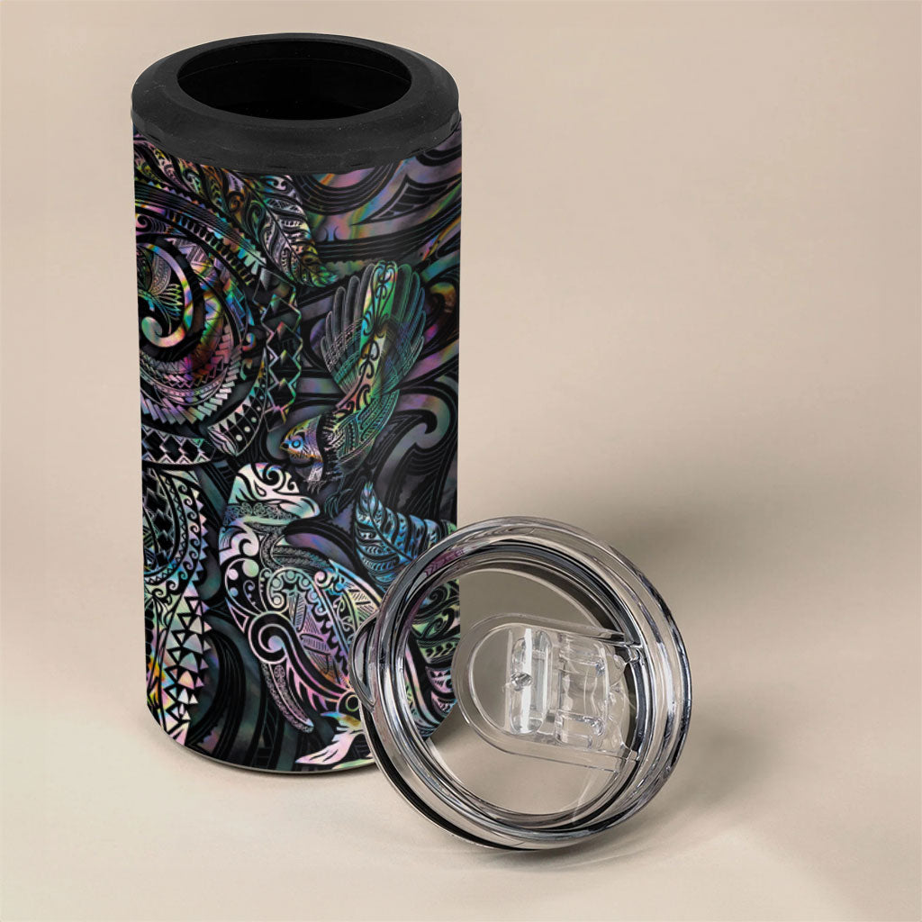 Aotearoa Moko Tribal Tattoo 4 in 1 Can Cooler Tumbler New Zealand Maori Penguin and Fantail Paua Shell Style LT03 - Polynesian Pride