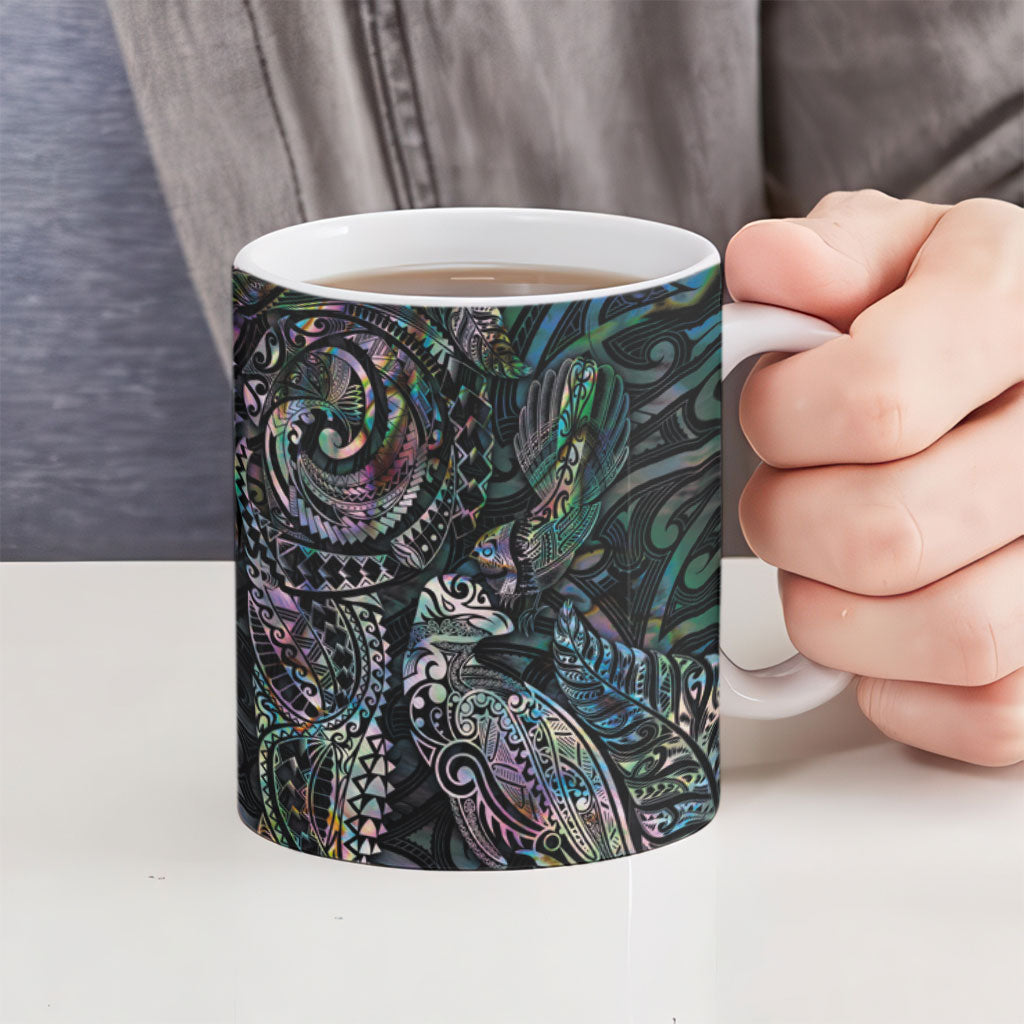 Aotearoa Moko Tribal Tattoo Ceramic Mug New Zealand Maori Penguin and Fantail Paua Shell Style