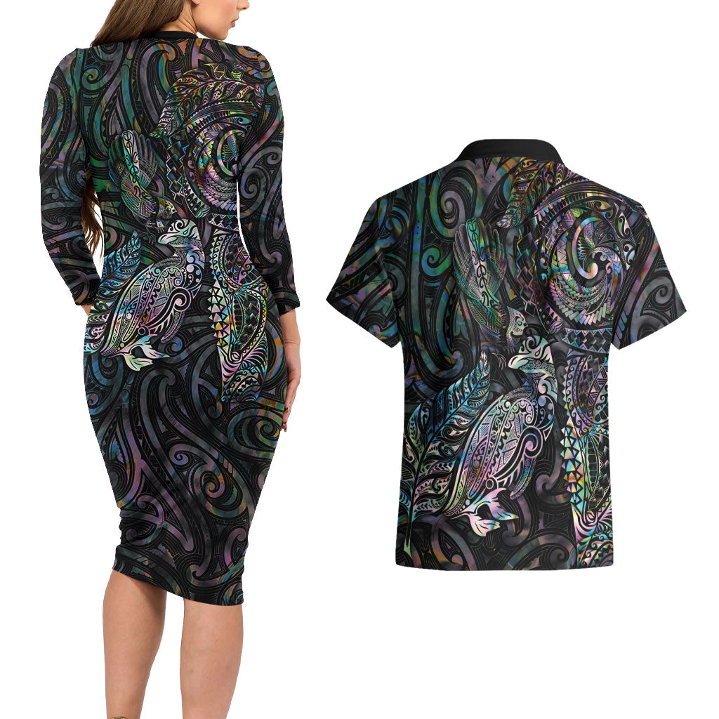 Aotearoa Moko Tribal Tattoo Couples Matching Long Sleeve Bodycon Dress and Hawaiian Shirt New Zealand Maori Penguin and Fantail Paua Shell Style LT03 - Polynesian Pride