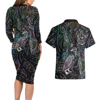 Aotearoa Moko Tribal Tattoo Couples Matching Long Sleeve Bodycon Dress and Hawaiian Shirt New Zealand Maori Penguin and Fantail Paua Shell Style LT03 - Polynesian Pride