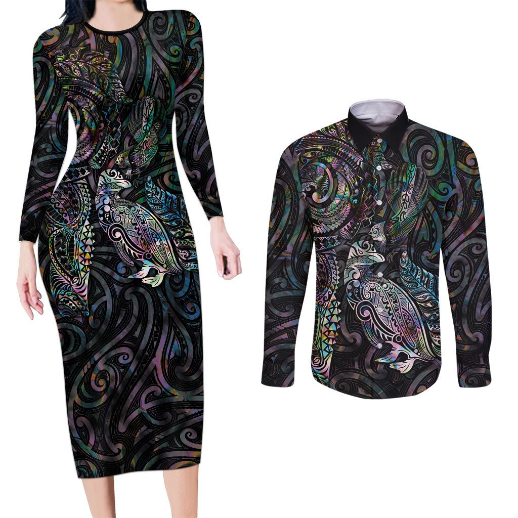 Aotearoa Moko Tribal Tattoo Couples Matching Long Sleeve Bodycon Dress and Long Sleeve Button Shirt New Zealand Maori Penguin and Fantail Paua Shell Style