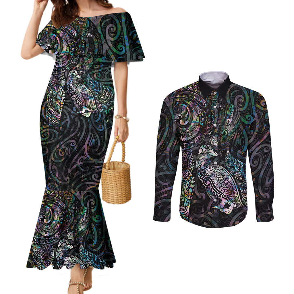 Aotearoa Moko Tribal Tattoo Couples Matching Mermaid Dress and Long Sleeve Button Shirt New Zealand Maori Penguin and Fantail Paua Shell Style