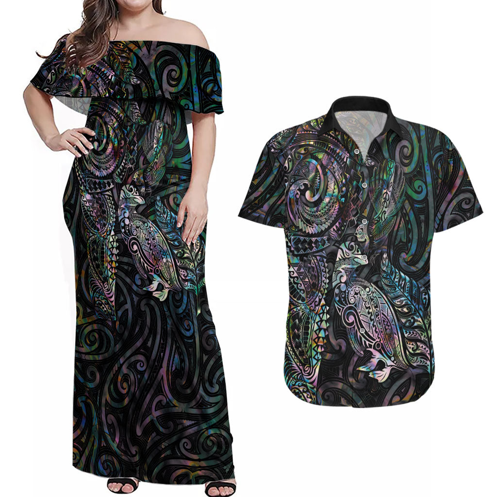 Aotearoa Moko Tribal Tattoo Couples Matching Off Shoulder Maxi Dress and Hawaiian Shirt New Zealand Maori Penguin and Fantail Paua Shell Style LT03 Multicolor - Polynesian Pride