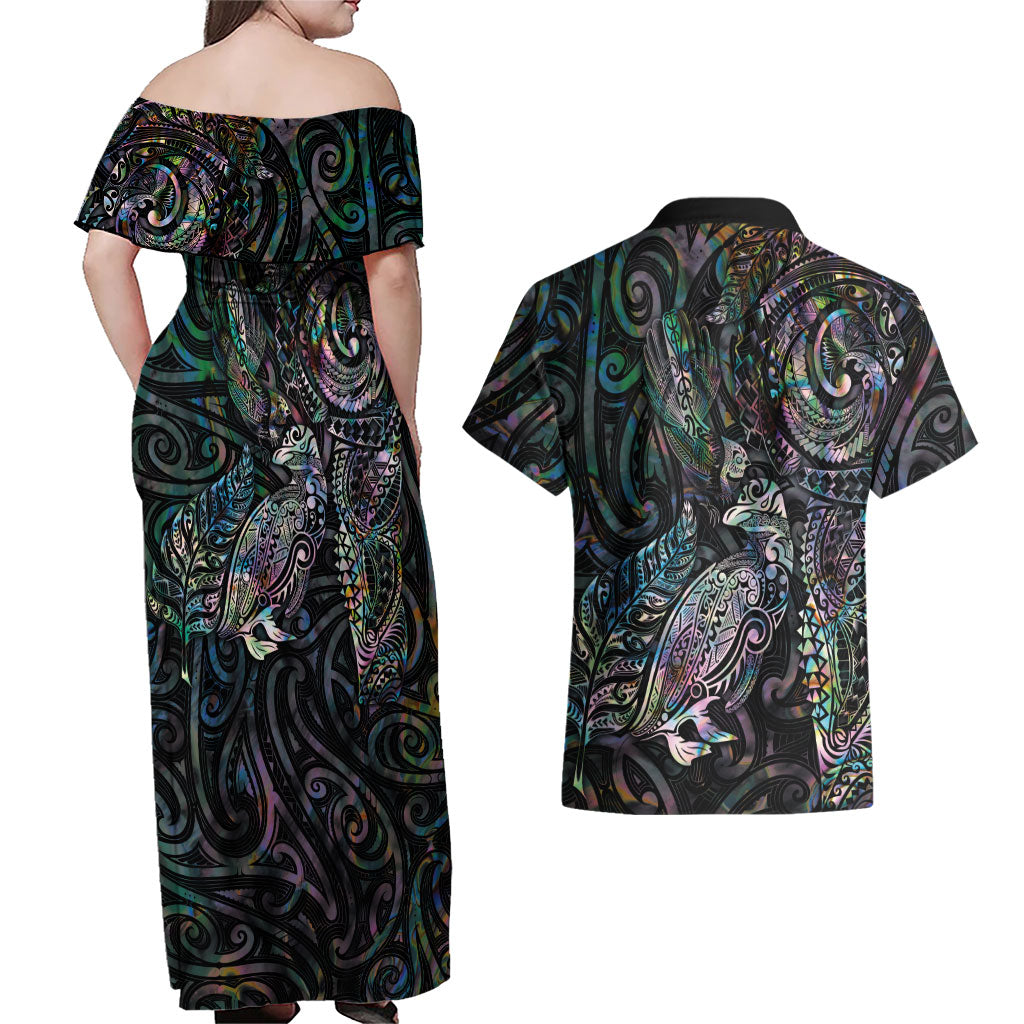 Aotearoa Moko Tribal Tattoo Couples Matching Off Shoulder Maxi Dress and Hawaiian Shirt New Zealand Maori Penguin and Fantail Paua Shell Style LT03 - Polynesian Pride