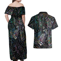 Aotearoa Moko Tribal Tattoo Couples Matching Off Shoulder Maxi Dress and Hawaiian Shirt New Zealand Maori Penguin and Fantail Paua Shell Style LT03 - Polynesian Pride