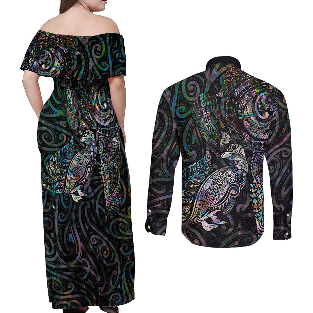 Aotearoa Moko Tribal Tattoo Couples Matching Off Shoulder Maxi Dress and Long Sleeve Button Shirt New Zealand Maori Penguin and Fantail Paua Shell Style LT03 - Polynesian Pride