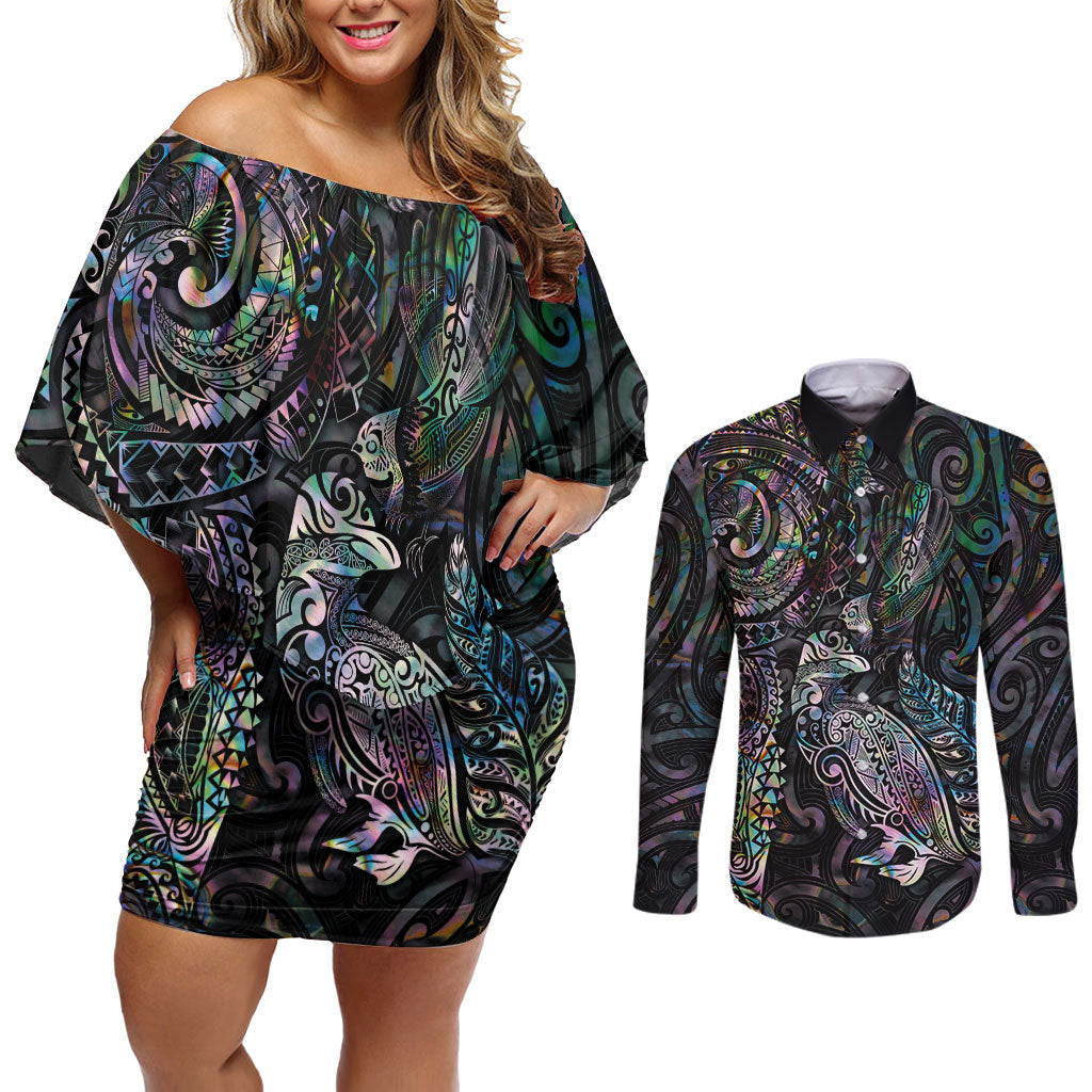 Aotearoa Moko Tribal Tattoo Couples Matching Off Shoulder Short Dress and Long Sleeve Button Shirt New Zealand Maori Penguin and Fantail Paua Shell Style