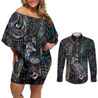 Aotearoa Moko Tribal Tattoo Couples Matching Off Shoulder Short Dress and Long Sleeve Button Shirt New Zealand Maori Penguin and Fantail Paua Shell Style LT03 Multicolor - Polynesian Pride