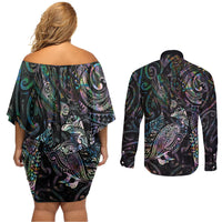 Aotearoa Moko Tribal Tattoo Couples Matching Off Shoulder Short Dress and Long Sleeve Button Shirt New Zealand Maori Penguin and Fantail Paua Shell Style LT03 - Polynesian Pride