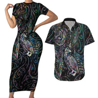 Aotearoa Moko Tribal Tattoo Couples Matching Short Sleeve Bodycon Dress and Hawaiian Shirt New Zealand Maori Penguin and Fantail Paua Shell Style LT03 Multicolor - Polynesian Pride