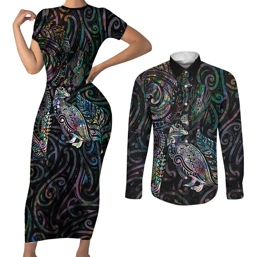 Aotearoa Moko Tribal Tattoo Couples Matching Short Sleeve Bodycon Dress and Long Sleeve Button Shirt New Zealand Maori Penguin and Fantail Paua Shell Style LT03 Multicolor - Polynesian Pride
