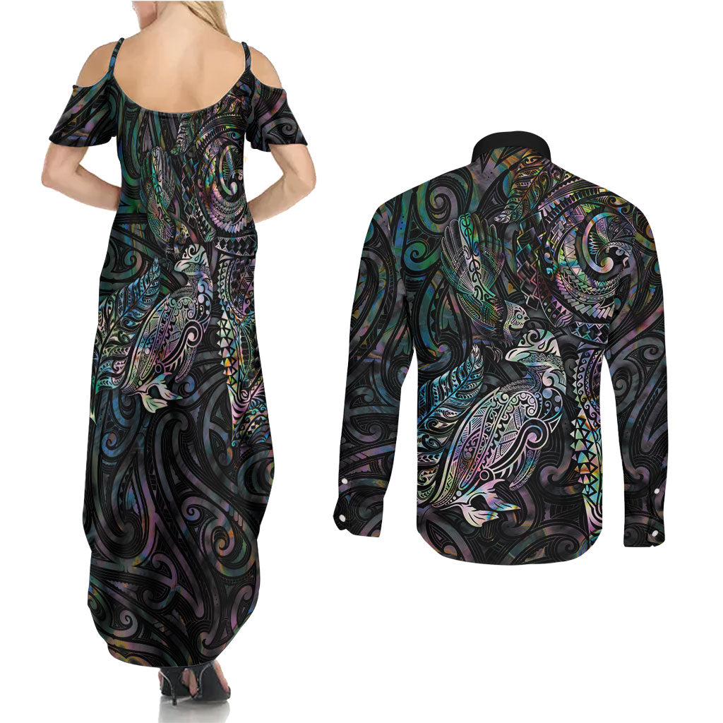 Aotearoa Moko Tribal Tattoo Couples Matching Summer Maxi Dress and Long Sleeve Button Shirt New Zealand Maori Penguin and Fantail Paua Shell Style LT03 - Polynesian Pride