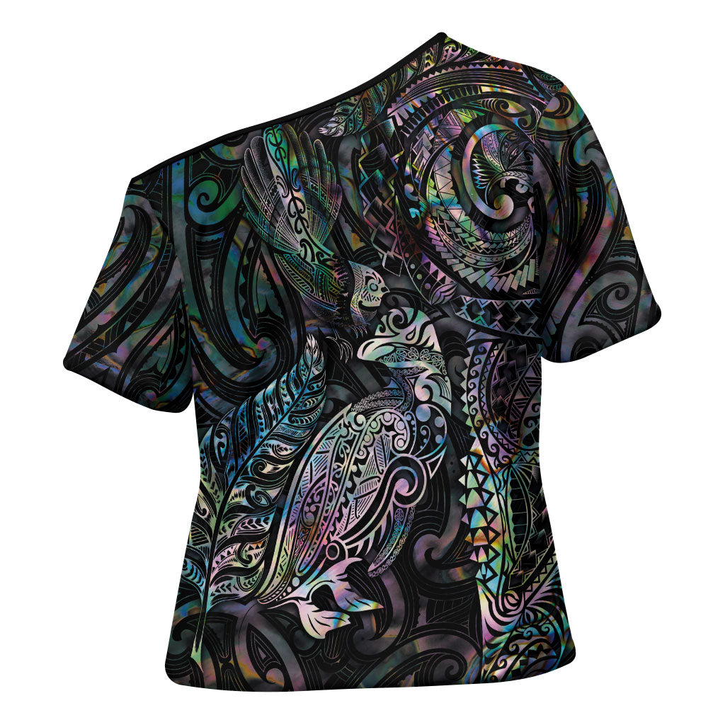 Aotearoa Moko Tribal Tattoo Cross Shoulder Shirt New Zealand Maori Penguin and Fantail Paua Shell Style LT03 - Polynesian Pride