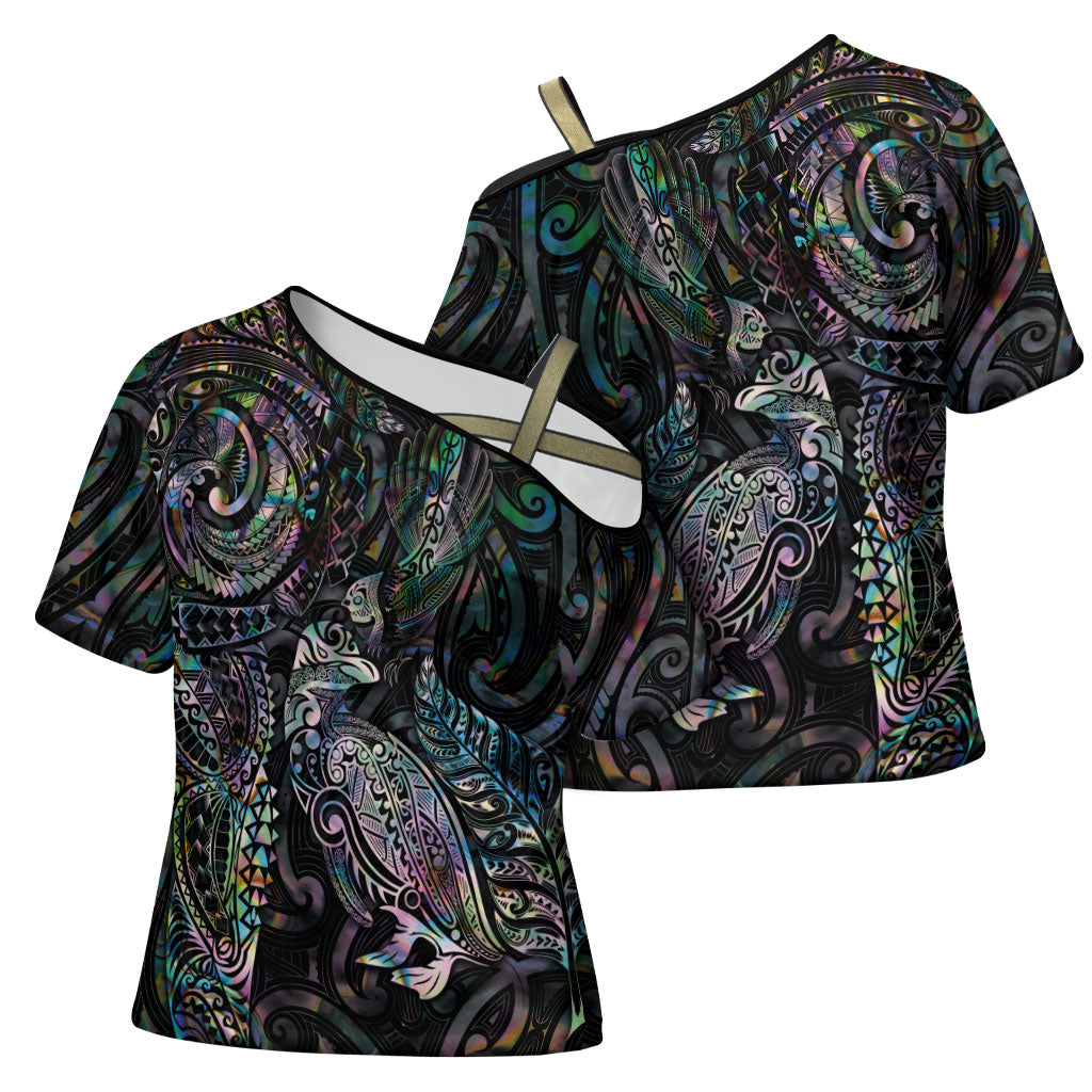 Aotearoa Moko Tribal Tattoo Cross Shoulder Shirt New Zealand Maori Penguin and Fantail Paua Shell Style LT03 - Polynesian Pride