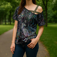 Aotearoa Moko Tribal Tattoo Cross Shoulder Shirt New Zealand Maori Penguin and Fantail Paua Shell Style LT03 - Polynesian Pride