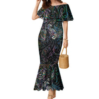 Aotearoa Moko Tribal Tattoo Family Matching Mermaid Dress and Hawaiian Shirt New Zealand Maori Penguin and Fantail Paua Shell Style LT03 Mom's Dress Multicolor - Polynesian Pride