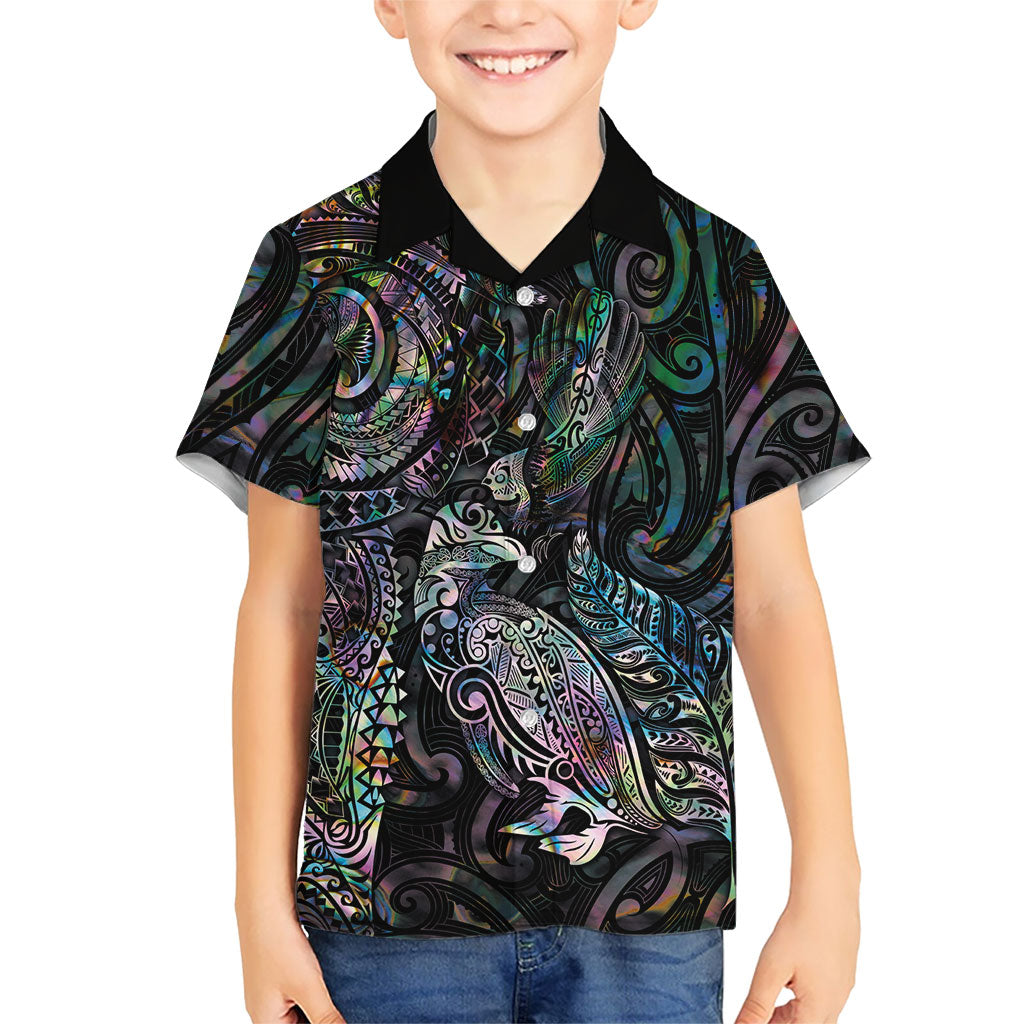 Aotearoa Moko Tribal Tattoo Family Matching Mermaid Dress and Hawaiian Shirt New Zealand Maori Penguin and Fantail Paua Shell Style LT03 Son's Shirt Multicolor - Polynesian Pride