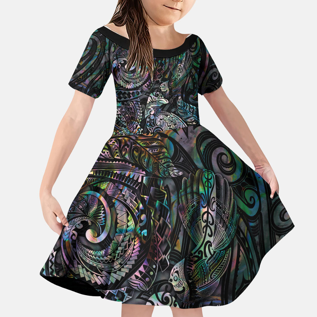 Aotearoa Moko Tribal Tattoo Family Matching Off The Shoulder Long Sleeve Dress and Hawaiian Shirt New Zealand Maori Penguin and Fantail Paua Shell Style LT03 Daughter's Dress Multicolor - Polynesian Pride