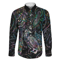 Aotearoa Moko Tribal Tattoo Family Matching Off The Shoulder Long Sleeve Dress and Hawaiian Shirt New Zealand Maori Penguin and Fantail Paua Shell Style LT03 Dad's Shirt - Long Sleeve Multicolor - Polynesian Pride