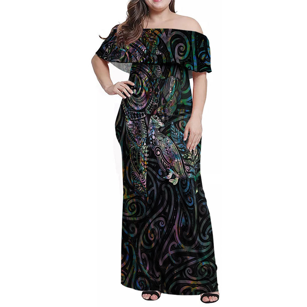Aotearoa Moko Tribal Tattoo Family Matching Off Shoulder Maxi Dress and Hawaiian Shirt New Zealand Maori Penguin and Fantail Paua Shell Style LT03 Mom's Dress Multicolor - Polynesian Pride