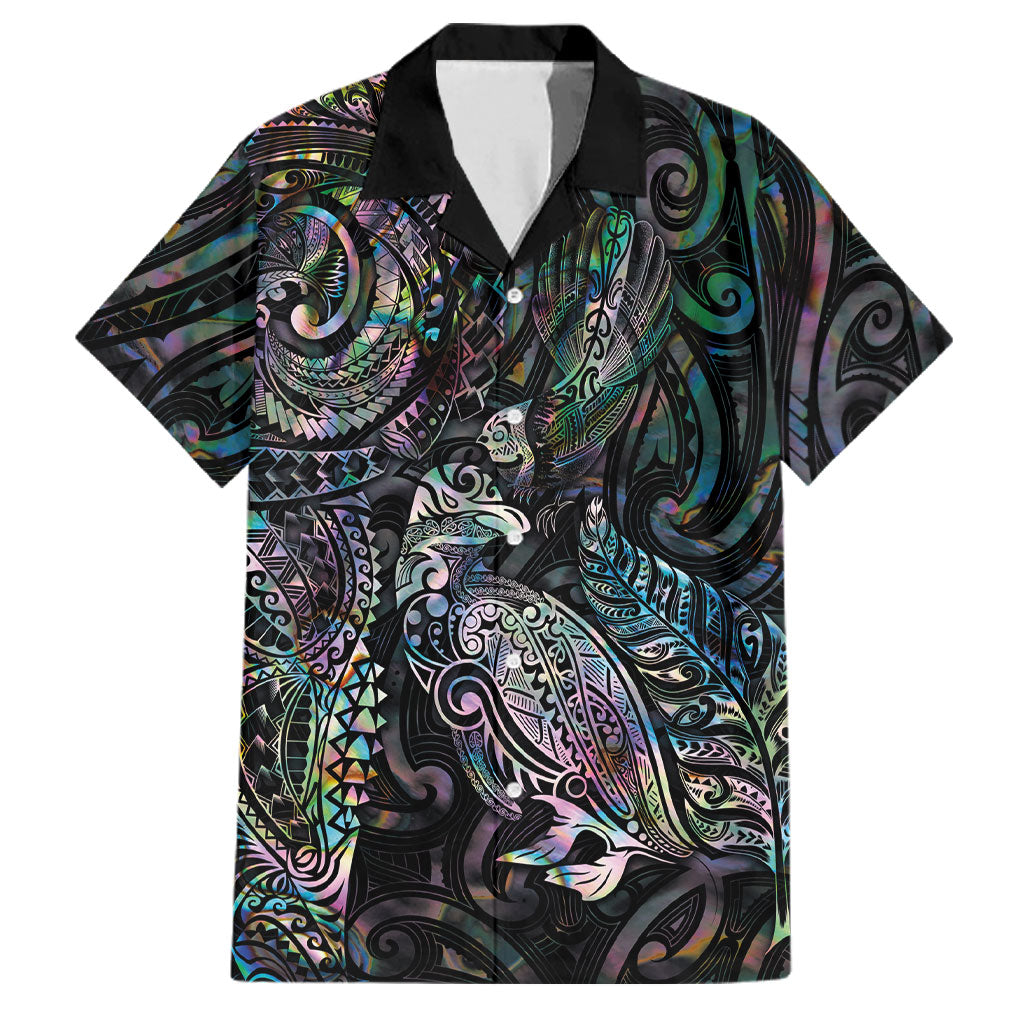 Aotearoa Moko Tribal Tattoo Family Matching Off Shoulder Short Dress and Hawaiian Shirt New Zealand Maori Penguin and Fantail Paua Shell Style LT03 Dad's Shirt - Short Sleeve Multicolor - Polynesian Pride