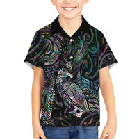 Aotearoa Moko Tribal Tattoo Family Matching Puletasi and Hawaiian Shirt New Zealand Maori Penguin and Fantail Paua Shell Style LT03 Son's Shirt Multicolor - Polynesian Pride