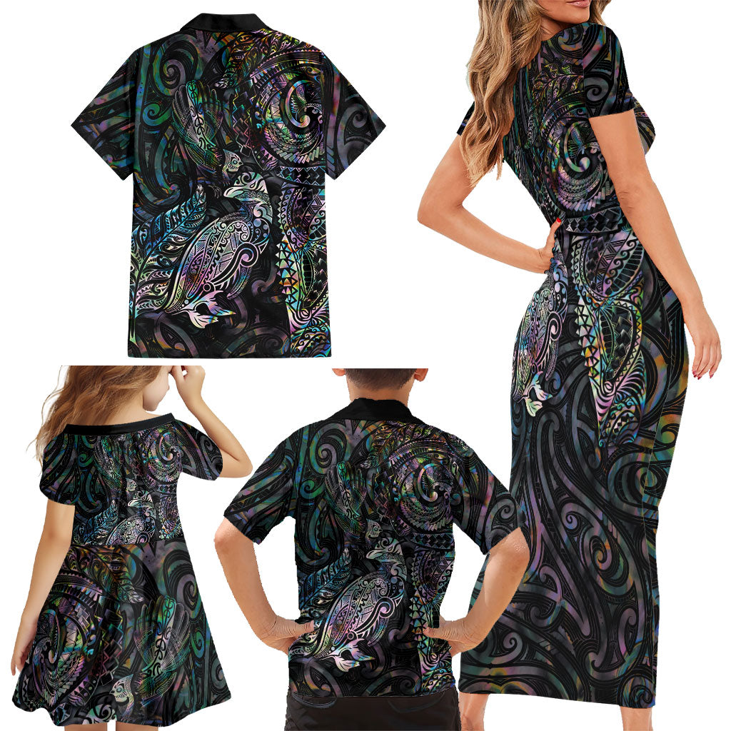 Aotearoa Moko Tribal Tattoo Family Matching Short Sleeve Bodycon Dress and Hawaiian Shirt New Zealand Maori Penguin and Fantail Paua Shell Style LT03 - Polynesian Pride