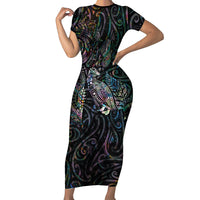 Aotearoa Moko Tribal Tattoo Family Matching Short Sleeve Bodycon Dress and Hawaiian Shirt New Zealand Maori Penguin and Fantail Paua Shell Style LT03 Mom's Dress Multicolor - Polynesian Pride