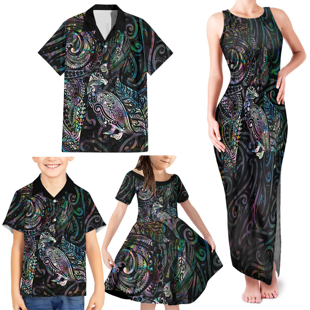 Aotearoa Moko Tribal Tattoo Family Matching Tank Maxi Dress and Hawaiian Shirt New Zealand Maori Penguin and Fantail Paua Shell Style