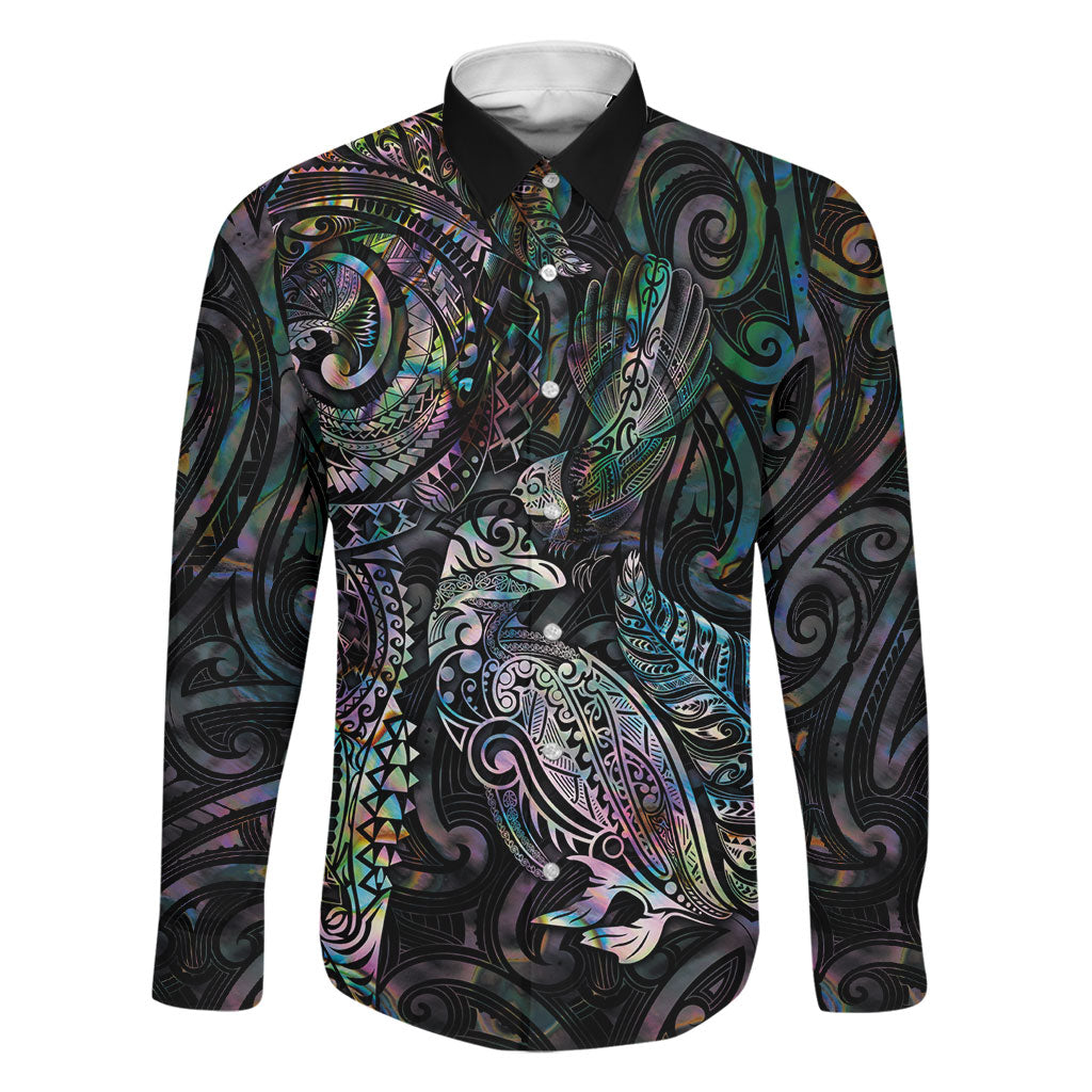 Aotearoa Moko Tribal Tattoo Family Matching Tank Maxi Dress and Hawaiian Shirt New Zealand Maori Penguin and Fantail Paua Shell Style LT03 Dad's Shirt - Long Sleeve Multicolor - Polynesian Pride