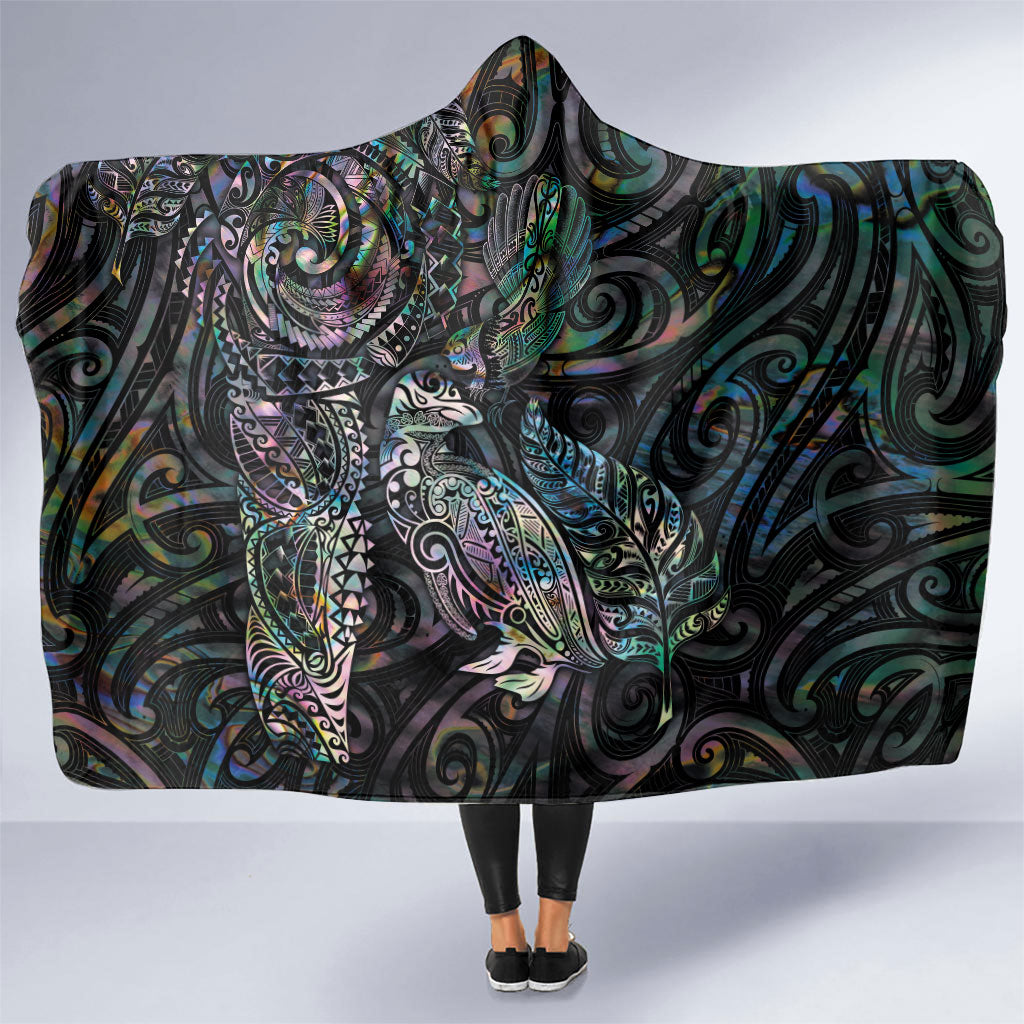 Aotearoa Moko Tribal Tattoo Hooded Blanket New Zealand Maori Penguin and Fantail Paua Shell Style