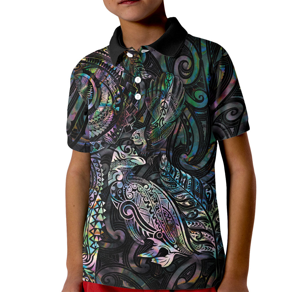 Aotearoa Moko Tribal Tattoo Kid Polo Shirt New Zealand Maori Penguin and Fantail Paua Shell Style