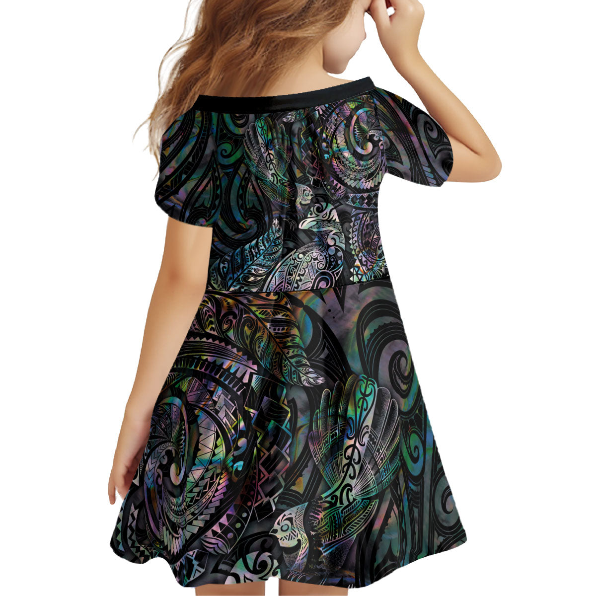 Aotearoa Moko Tribal Tattoo Kid Short Sleeve Dress New Zealand Maori Penguin and Fantail Paua Shell Style LT03 - Polynesian Pride