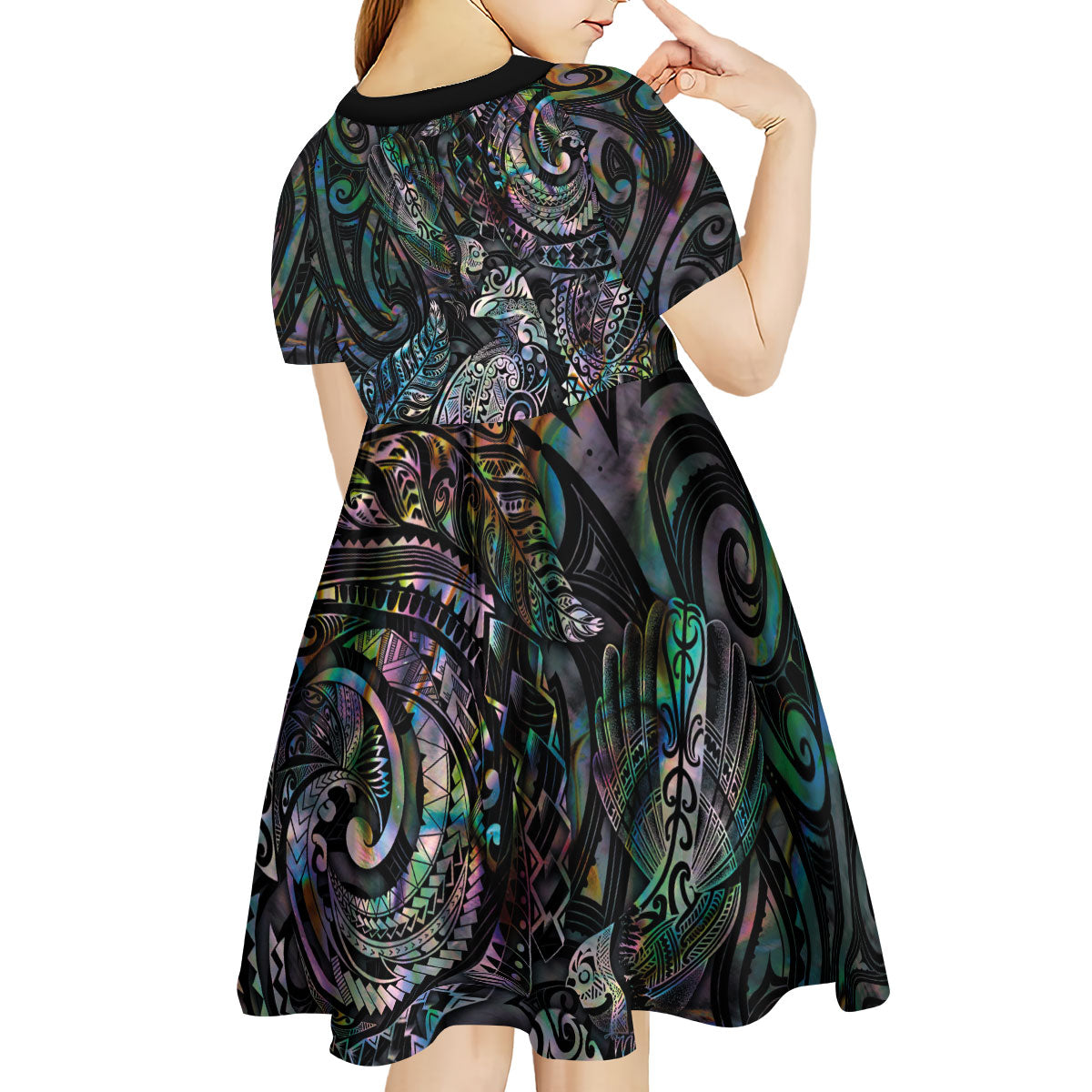 Aotearoa Moko Tribal Tattoo Kid Short Sleeve Dress New Zealand Maori Penguin and Fantail Paua Shell Style LT03 - Polynesian Pride