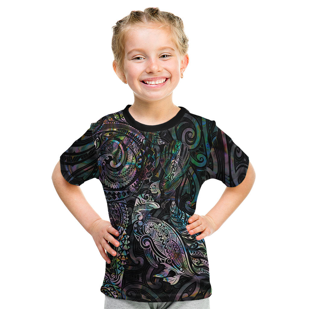 Aotearoa Moko Tribal Tattoo Kid T Shirt New Zealand Maori Penguin and Fantail Paua Shell Style LT03 Multicolor - Polynesian Pride