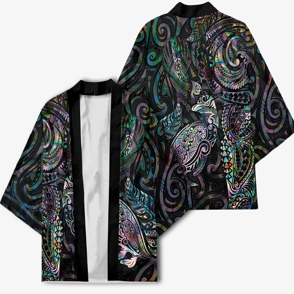 Aotearoa Moko Tribal Tattoo Kimono New Zealand Maori Penguin and Fantail Paua Shell Style LT03 - Polynesian Pride